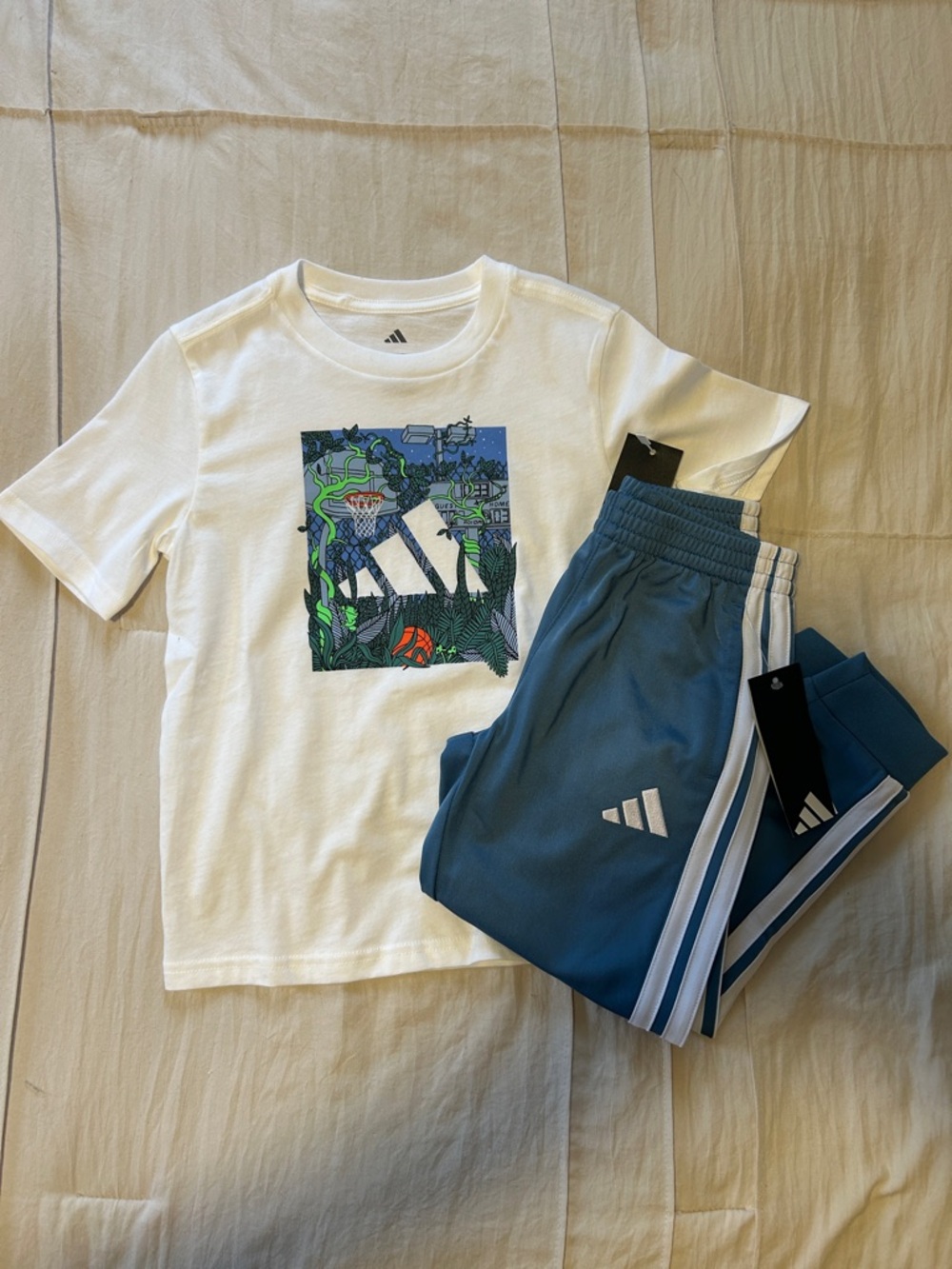 adidas White Graphic Tee with Blue Track Pants